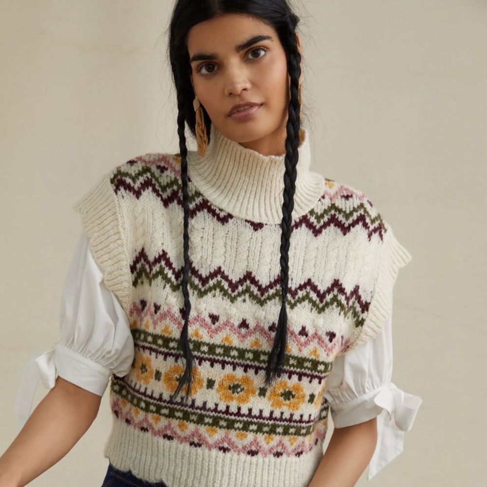 Anthropologie stripe Turtleneck Sweater Vest Sz M NWOT scallop details